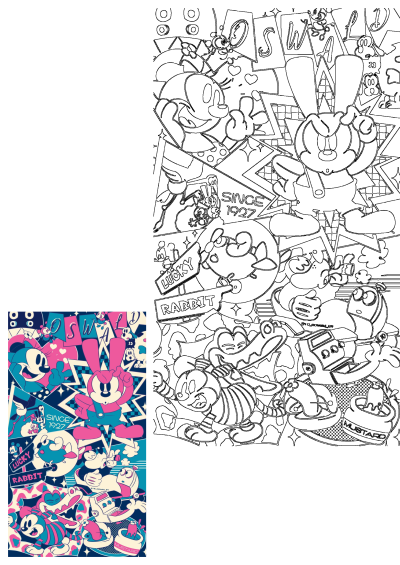 Artwork by うっべ (@19_oswald_27) on X, featuring Oswald the Lucky Rabbit in a retro-style cartoon collage with vibrant pink and blue hues.