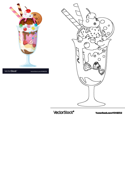 Illustration of an ice cream sundae with cookies, candy, wafers, a cherry, sprinkles, strawberries, and whipped cream. 