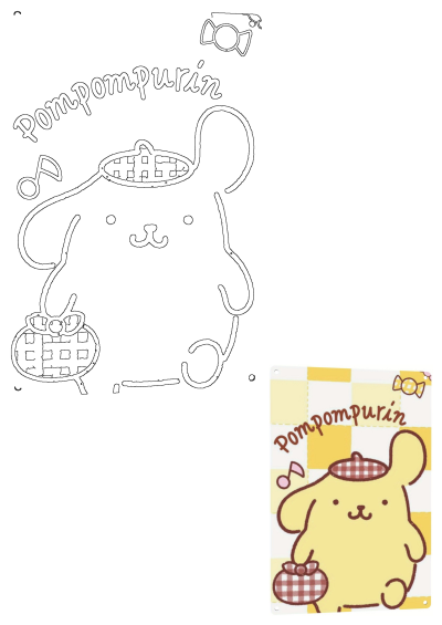 Cartoon image of Pompompurin, a cute yellow bear character with a hat. The words "pompomppurin" are written above the bear.