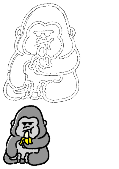 Cartoon drawing of a gorilla eating a banana, gray ape illustration with a grumpy expression, black outline. 