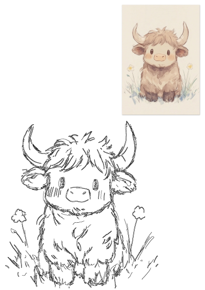 Adorable Mr. Moo the Highland Cow sketch from Etsy UK in 2025. A cute, fluffy cartoon cow with big horns and flowers in a watercolor style.