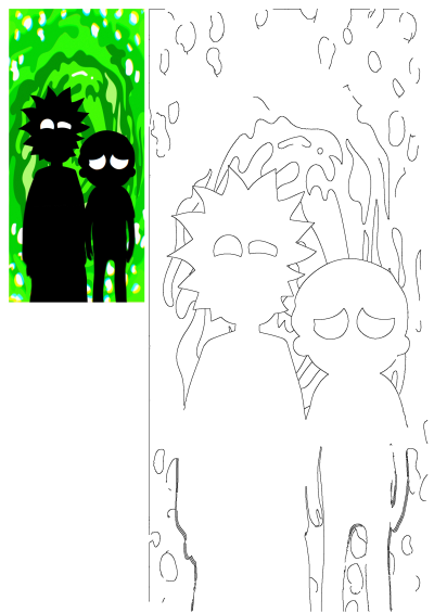 Silhouette of Rick and Morty standing in front of a green portal. Fan art cartoon drawing of the Adult Swim characters.