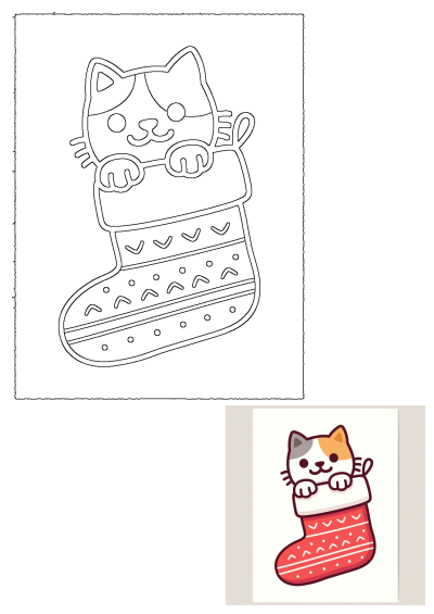 Adorable calico cat with a happy face peeking from a festive, patterned Christmas stocking outline, perfect for holiday projects.