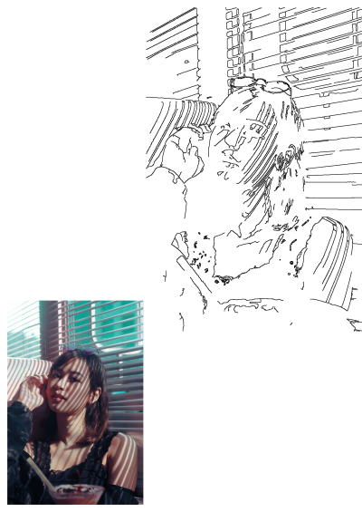 Portrait of Roman, a young woman. She is near a window with blinds casting shadows. She also has a cocktail with a cherry.