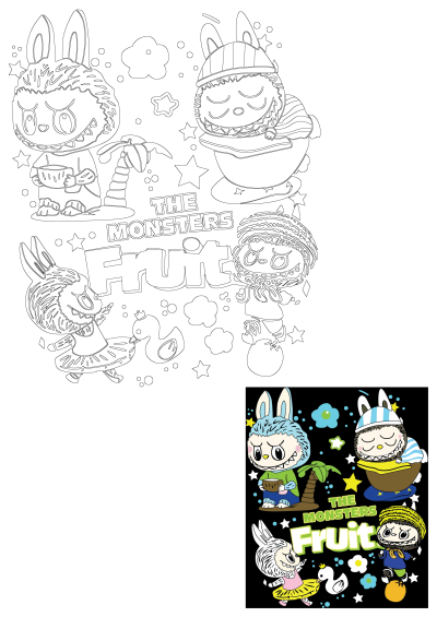 The Monsters Fruit logo on a black background featuring various cartoon characters, including monster-like bunnies and a palm tree. Cartoon elements like stars and flowers.