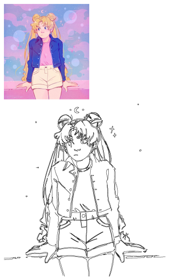 Fan art of Sailor Moon in a casual outfit: a blue jacket, pink shirt, and white shorts. She has her signature hairstyle. Cute anime girl.