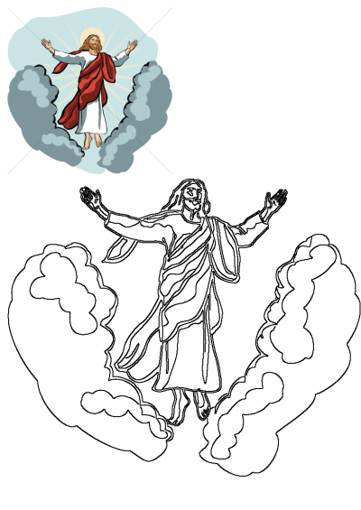 Illustration of Jesus in the clouds with his arms outstretched. Depicts the Ascension, conveying hope and divine presence.