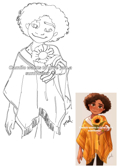 Charming digital art of Camilo Madrigal, the shapeshifting character from Disney's Encanto, offering a bright sunflower with a warm smile.