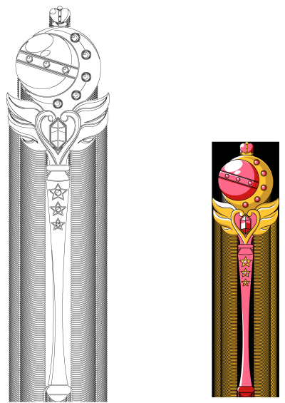 Illustration of a pink and yellow weapon, reminiscent of the Sailor Moon Eternal Tier Moon Kaleido Moon Scope, with wings on the top.