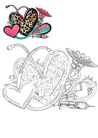 Stethoscope, hearts with leopard and plaid prints, syringe, and caduceus medical symbol, illustrating a variety of medical items on white background.