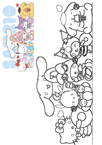 Image shows popular Sanrio characters like Hello Kitty and others stacked on top of each other. Alt: A group of cartoon dogs sitting on top of each other