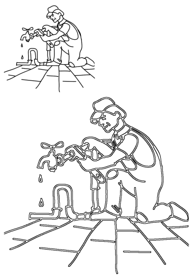 Illustration of a plumber kneeling and fixing a leaky pipe with a wrench, drawn in black outline. Cartoon style, plumbing repair.