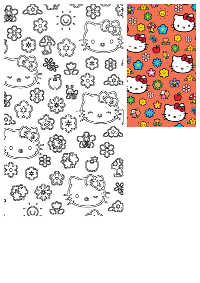 Hello Kitty wallpaper with flowers, butterflies, mushrooms, bees, and apples on an orange background. Cute and colorful pattern.