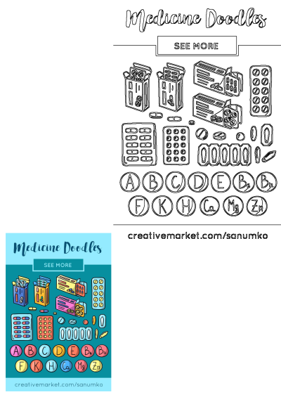 Pharmacy doodles collection of icons, patterns, background templates, healthcare themed objects, pills, vitamines, medical tools