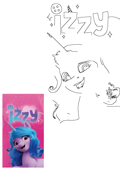 Cartoon Izzy Moonbow from My Little Pony: A New Generation with blue hair, smiling on a pink background. The word "Izzy" is in the background.