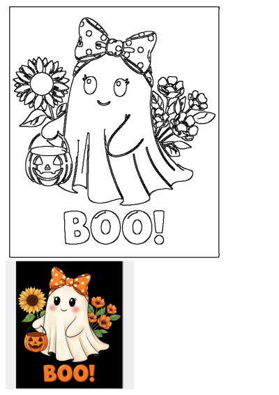 A cute ghost wearing a polka dot bow with a pumpkin, sunflowers, and orange flowers on a black background that says boo. Halloween illustration.