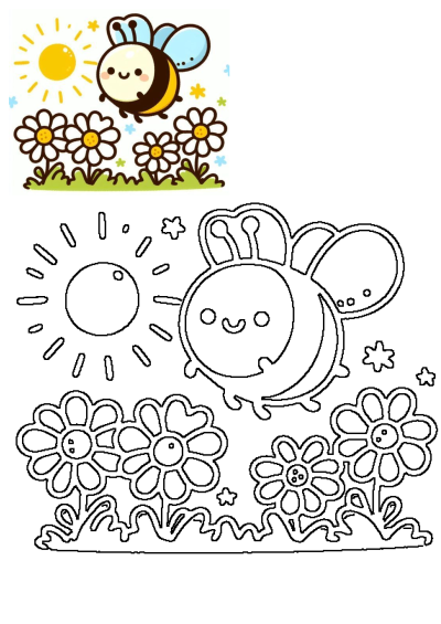 A cheerful cartoon of a cute bee flying over a field of daisies under a bright sun. Whimsical illustration with adorable details.