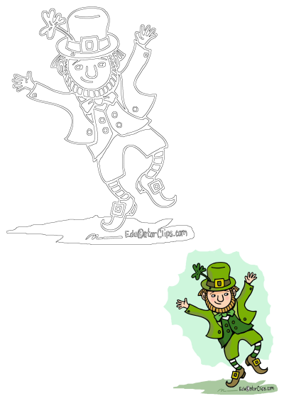 Illustration of a happy leprechaun dancing with his hands in the air, wearing green clothes, and a shamrock on his hat.Perfect for St. Patrick's Day!