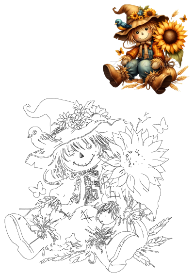 Charming illustration of a cute scarecrow with a sunflower, bluebird, and autumn details. Perfect for fall and harvest season designs.