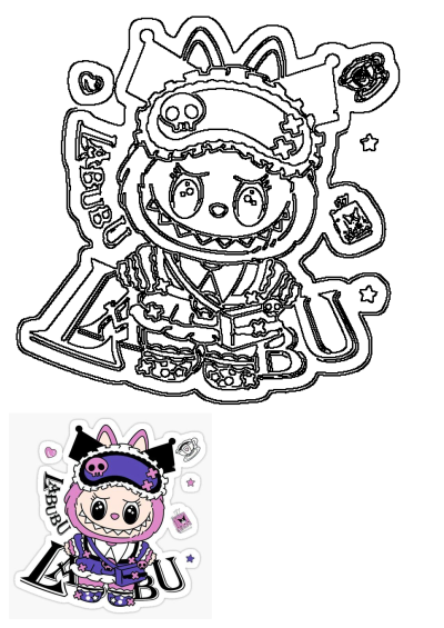 A cute but spooky cartoon character, Labubu, dressed in a Kuromi-inspired costume. Features a skull eye mask and spooky accessories.