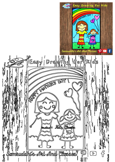 An easy drawing for kids with the words Happy Mother's Day. It shows two girls holding hands with balloons and a rainbow in the background.