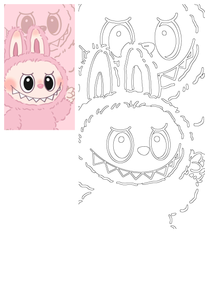 Cartoon drawing of a cute pink monster in a bunny suit with big eyes and sharp teeth. Playful illustration with whimsical character design.
