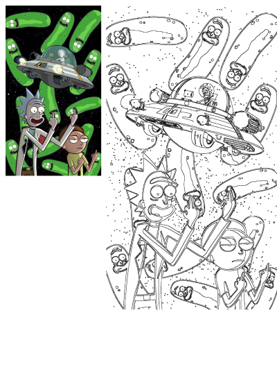 Rick and Morty cartoon characters flying their spaceship over a planet populated by green sentient pickles. Image reflects the alt description.