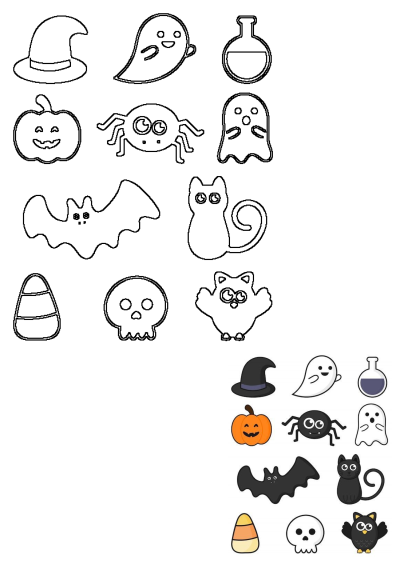 Halloween icons: bats, pumpkins, ghosts with faces, spider, witch hat, skull, owl, candy corn. Great for Halloween decoration and clip art.