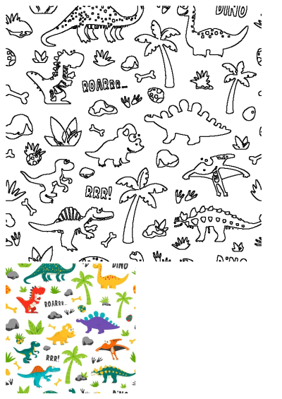 Colorful dinosaurs and palm trees on a white background with ROAR text. Fun, playful design, perfect for kids or dinosaur enthusiasts.
