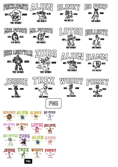 Various Toy Story cartoon characters in different colors and font styles. Includes Pricklepants, Alien, Slinky, Bo Peep, Mrs. Potato, and many more.
