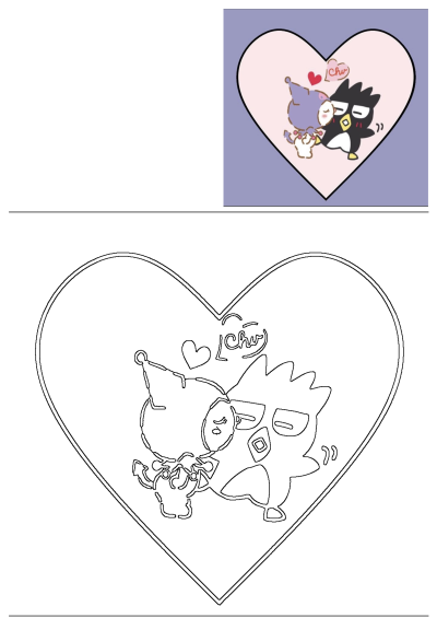 Cute cartoon image featuring Kuromi and Badtz-Maru kissing inside a heart. Perfect for fans of Sanrio and kawaii aesthetics.