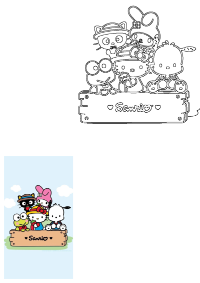 Hello Kitty, Keroppi, My Melody and other cute Sanrio cartoon characters sitting on a wooden sign that says 'Sanrio'.