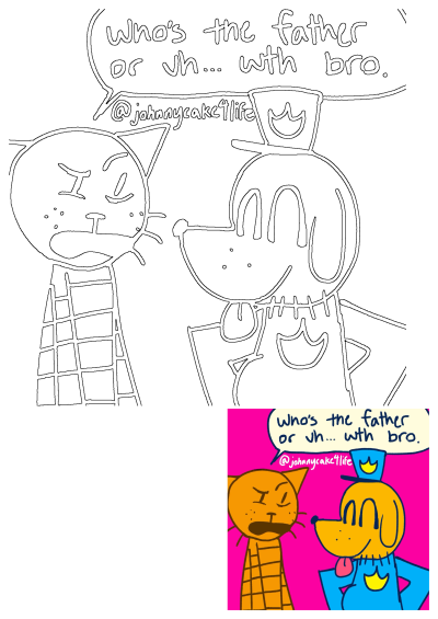 An orange cat and a brown dog are talking, with the caption 'who's the father or uh... wth bro?'. Funny cartoon illustration. 