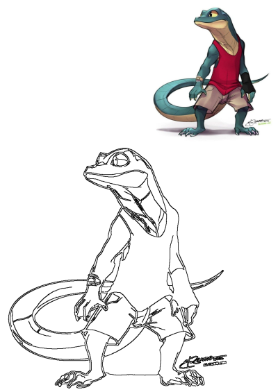 Cartoon art of an anthropomorphic lizard character in a red tank top and khaki shorts, created by Elranno in 2016.