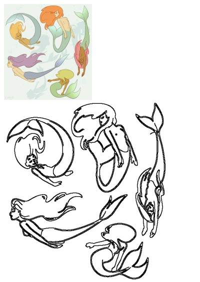 An illustration of four mermaids are swimming in the water, each with different colored hair and tails, gracefully moving through the ocean.