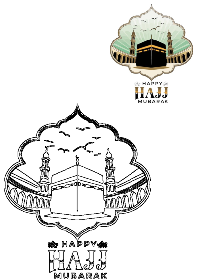 Happy Hajj Mubarak illustration. Features the Kaaba, minarets, and birds in flight. Celebrate the Islamic festival with this image.