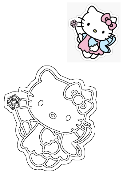 Hello Kitty with wings and holding a snowflake. Cute vector illustration of the iconic character on a white background.