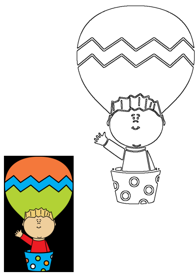 Illustration of a cartoon boy in a colorful hot air balloon. Cheerful child character enjoying a scenic ride. vector graphics.