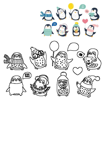 Adorable penguins wearing hats, sweaters, and holding balloons. Cute winter-themed illustration with festive penguins.