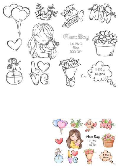 Mother's Day clipart with flowers, balloons, hearts. Illustration of mom with baby. Creative digital art for Mothers