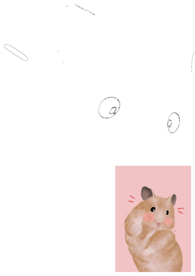 A charming drawing of a hamster on a soft pink background, striking a cute pose with a peace sign. Whimsical illustration of a furry friend.