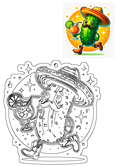 Cactus wearing a sombrero and boots while holding a drink. Sticker on white background.