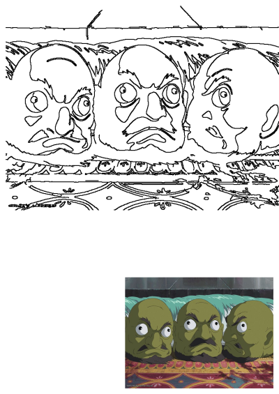 Three green cartoon heads with beards and mustaches sitting on a bed. Scene from Howl's Moving Castle, with pillows featuring drawn-on eyes.