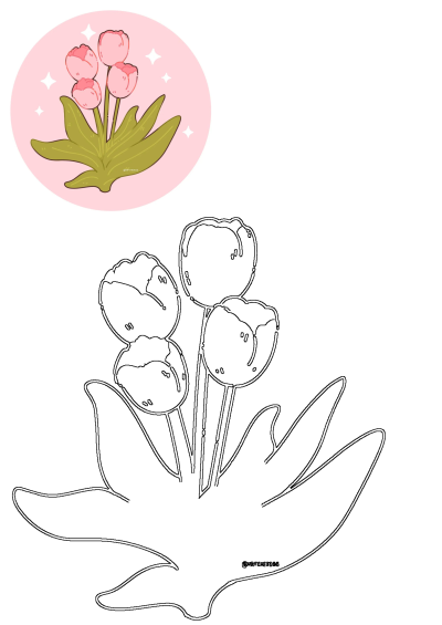 Pink tulips with green leaves in a circle on a pink background, surrounded by stars. A cute illustration of springtime flowers.