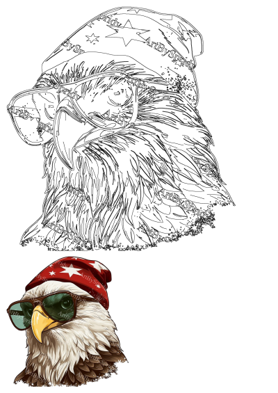 An eagle is shown wearing sunglasses and a red hat with stars. Patriotic bird with American pride, sunglasses, and a star-spangled hat.