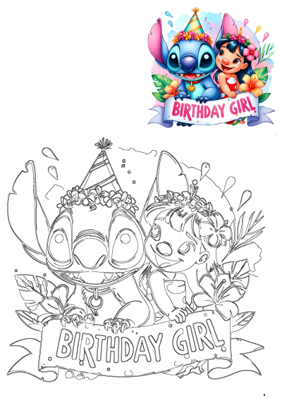 Birthday Stitch and Lilo drawing for party decorations. Ideal for Stitch birthday celebrations and Lilo and Stitch fans.