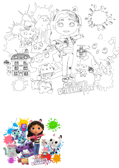 Image of Gabby's Dollhouse character surrounded by cartoon cats, dollhouse, car and paint splashes. An animated character with lots of paint splattered.