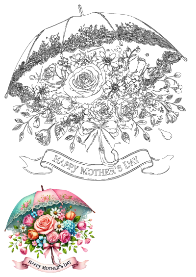 Happy Mother's Day!  A delightful image of a floral bouquet overflowing from a decorative umbrella with 'Happy Mother's Day' ribbon.