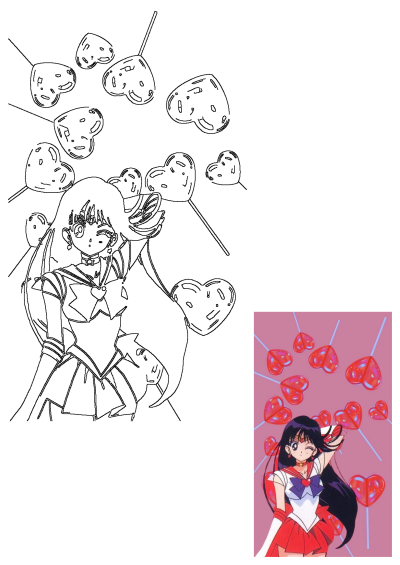 Sailor Mars winking, surrounded by heart-shaped lollipops. An anime aesthetic image, perfect for fans of Sailor Moon.
