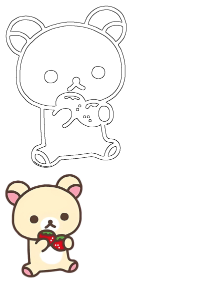 Cute Rilakkuma bear holding two ripe, red strawberries. Adorable kawaii illustration of the popular cartoon character. 
